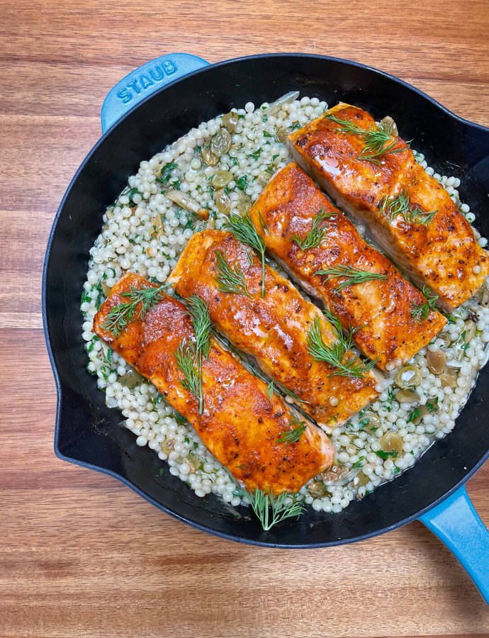 One Pan Harissa Salmon and Couscous