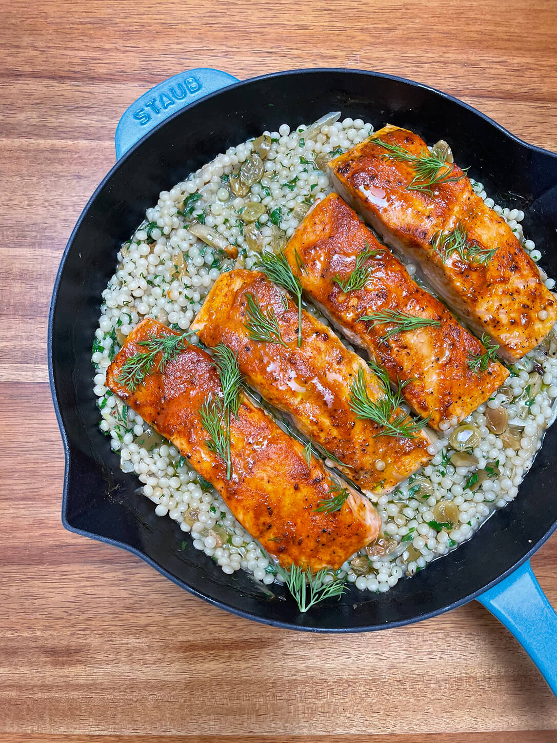 One Pan Harissa Salmon and Couscous