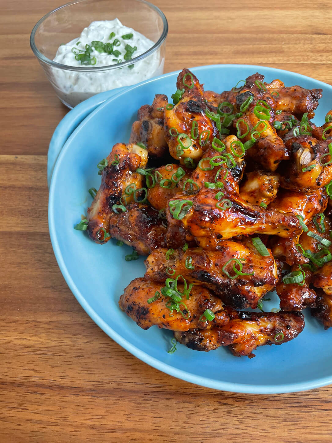 Sweet and Spicy Wings with Yogurt Blue Cheese