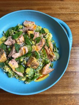 Salmon Brown Rice Bowl with Turmeric Coconut dressing