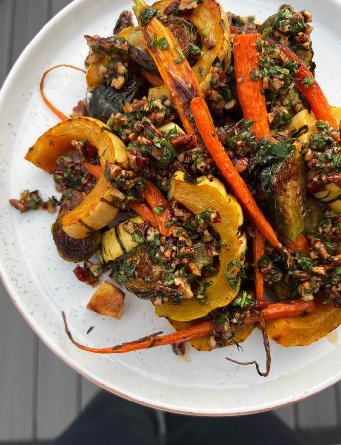 Roasted Fall Vegetables with Pecan Topping