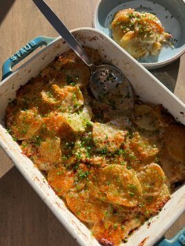 Cheesy Potato Gratin with Pancetta and Fennel