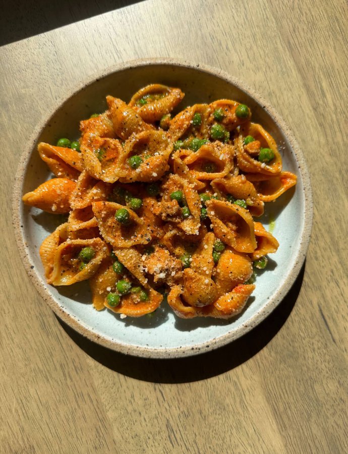 Spicy Goat Cheese Pasta with Sausage and Peas