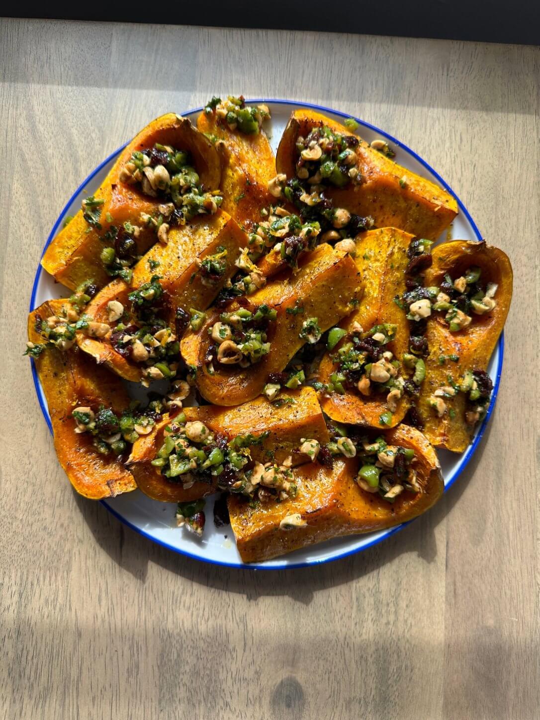 Roasted Honeynut Squash with Sweet and Salty Green Olive Topping