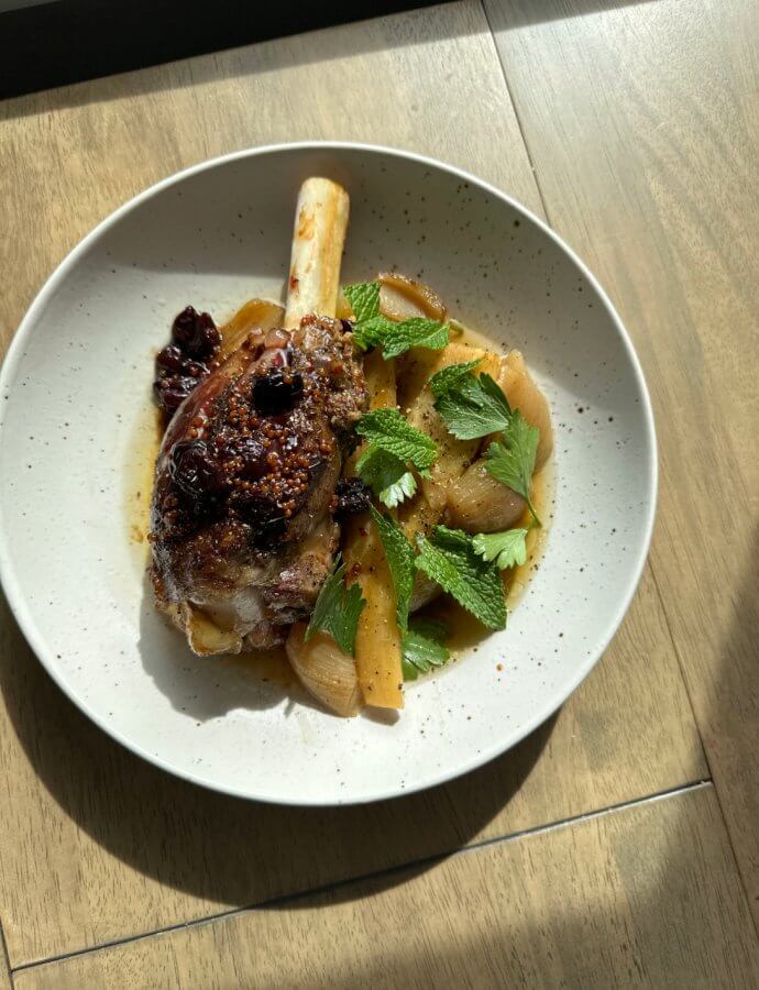 Slow Roasted Lamb Shanks and Parsnips with Agrodolce 